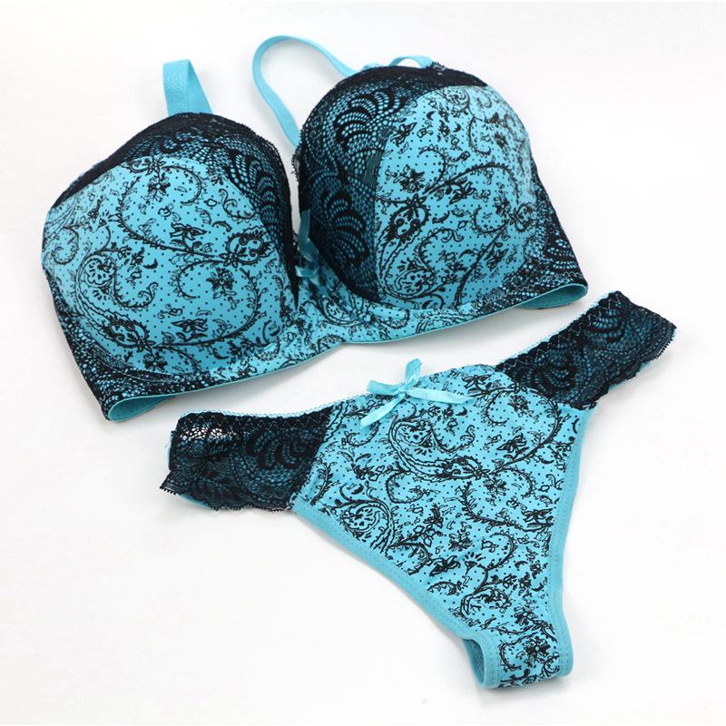 French-style Printed Sexy Lace Push-up Bra and Thong Set Fashionable Lingerie and Panties