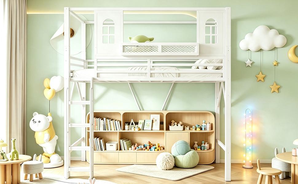 Litera Alta Infantil 90 x 200 cm con Diseño de Tejado, Litera Metálica con Escalera de Seguridad, Compartimento de Almacenamiento, Multifuncional, para Habitaciones Juveniles Blanco