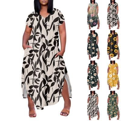 Women Floral Maxi Dress Summer Casual Short Sleeve Dress Sundress V-Neck Long Dresses With Pockets Beach Vacation