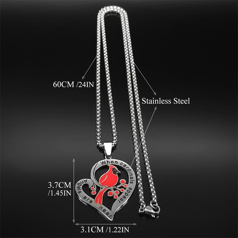 Red Bird Engraved Heart Necklace – Christmas Gift for Boys and Girls