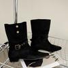 Point belt buckle two wear knight boots women's 2025 new autumn and winter flat western cowboy boots medium tube stacking boots