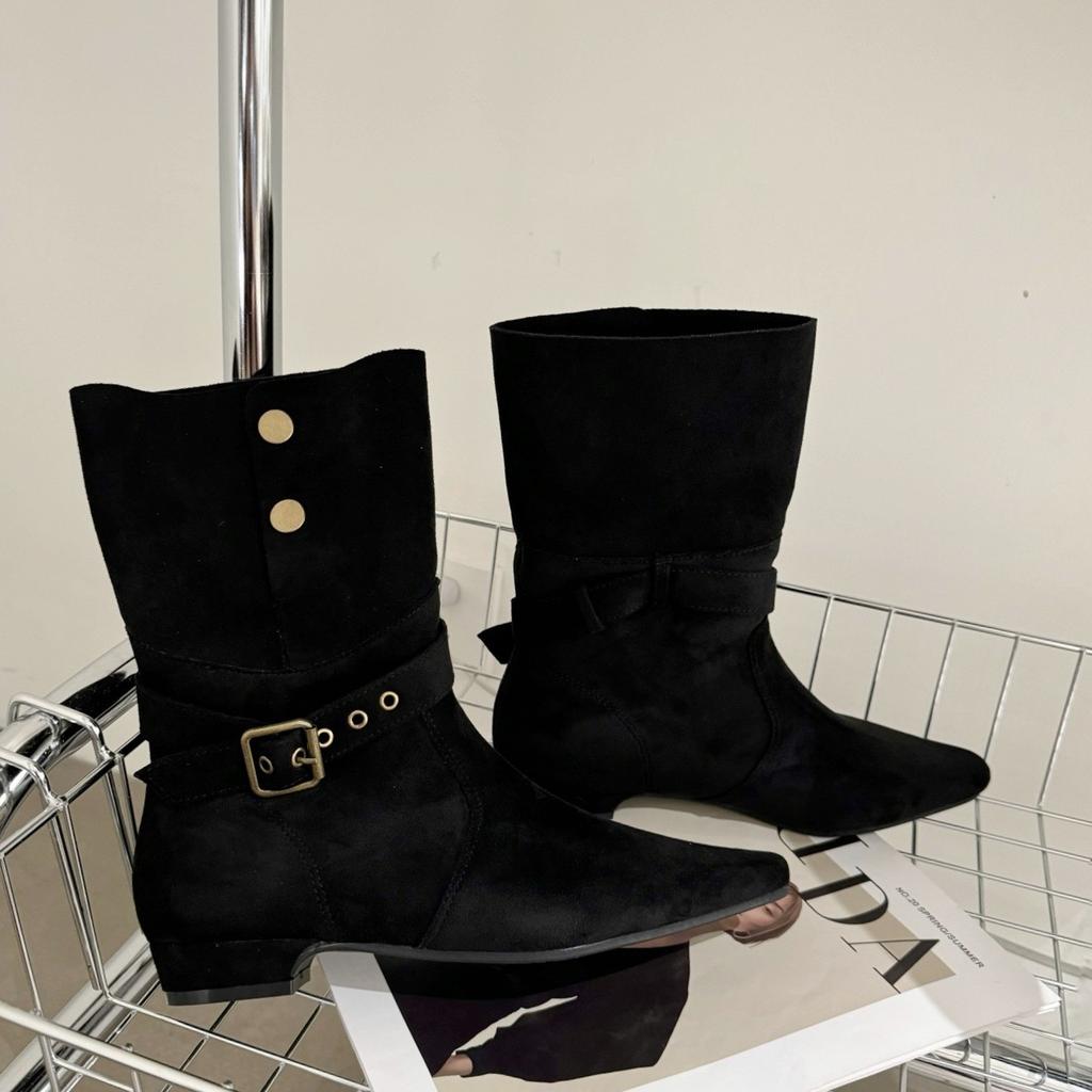 Point belt buckle two wear knight boots women's 2025 new autumn and winter flat western cowboy boots medium tube stacking boots