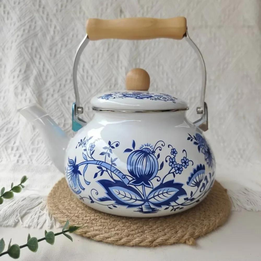 Emaille-Teekanne im chinesischen Stil 2,5L/1,5L, Anti-Verbrühungsgriff, Gasherd-Kessel, birnenförmige florale Emaille-Kaffeekanne