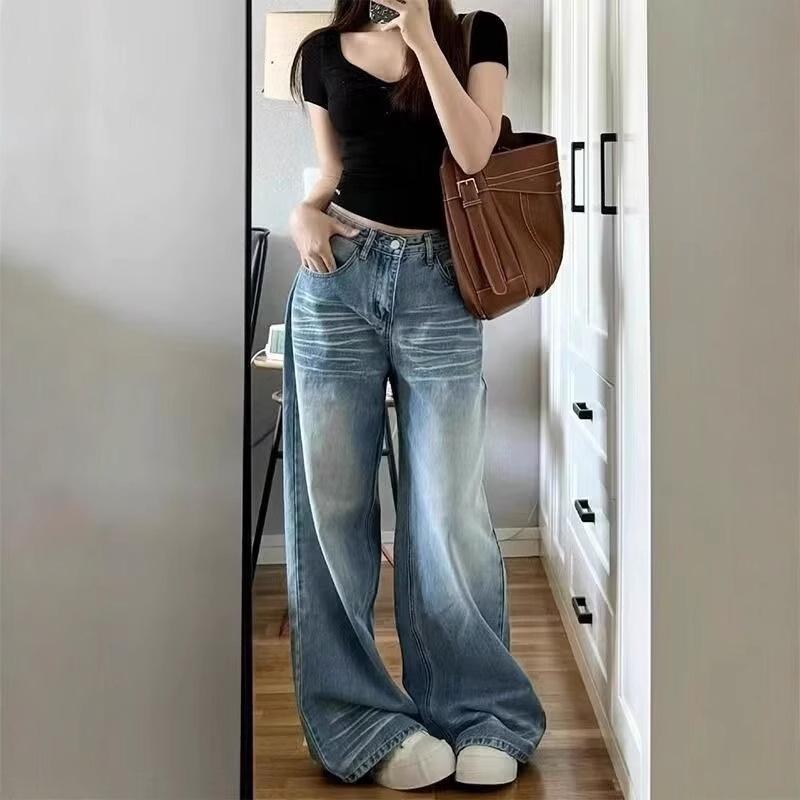 Women's Retro Wide-Leg Washed Blue Jeans: Summer 2024 Loose & Slimming Floor-Length Pants
