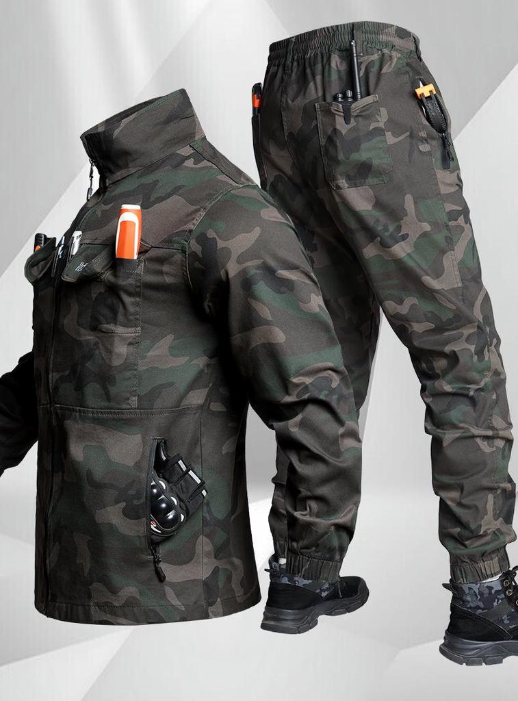 Men's Camouflage Workwear Set: Elastic, Anti-Scald, Wear-Resistant for Spring/Autumn - Ideal for Auto Repair & Welding.