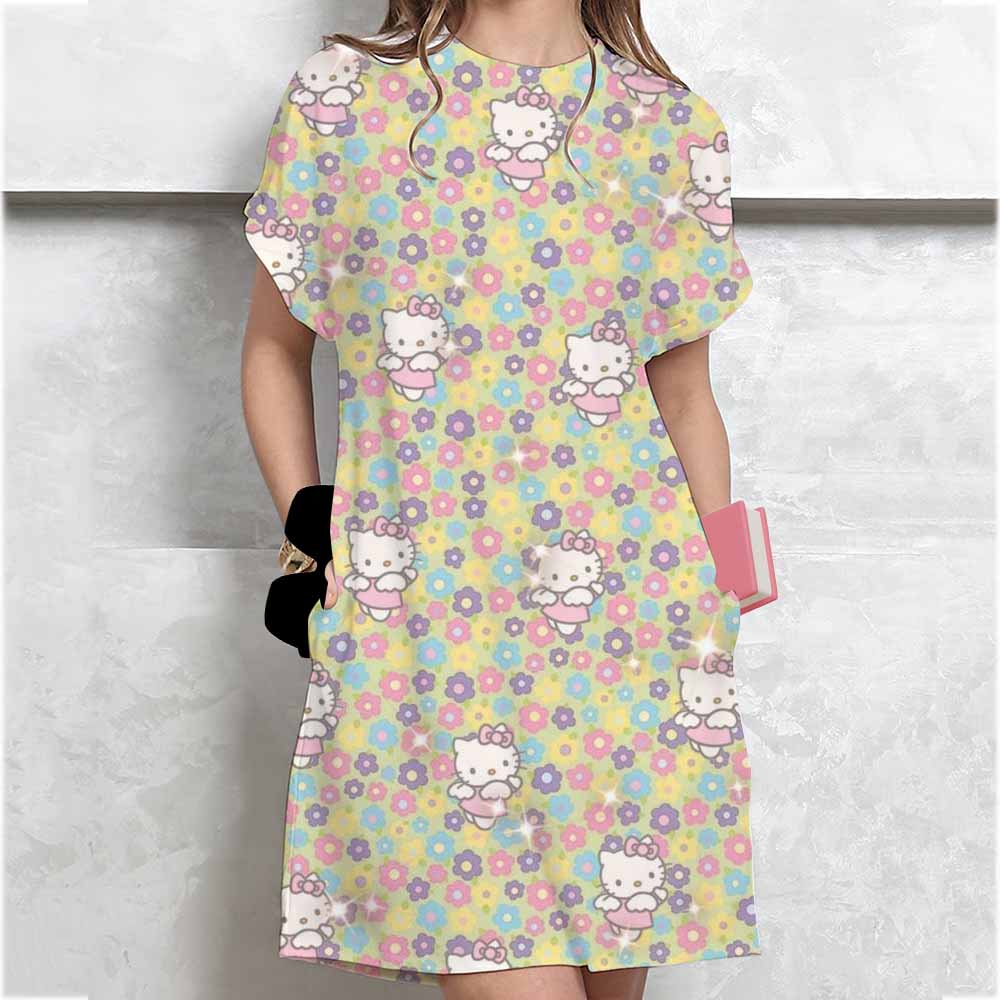 Women's Long Tshirt Dress Summer Fashion Girl Hello Kitty Print Oversized Casual Round Neck Short Sleeved Mini T-shirt Dress