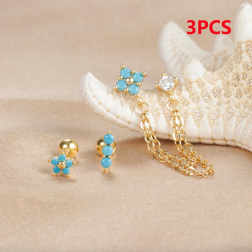 3PCS Vintage Zircon Flower Stud Earring Set For Women Stainless Steel Double Studs Chain Tassel Piercing Earring Fashion Jewelry