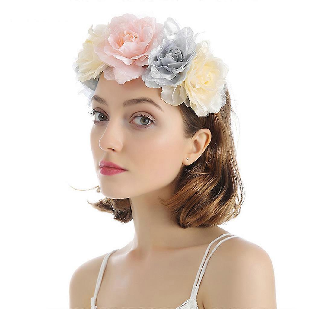 Women Wedding Bridal Headband Garland 3D Simualtion Flower Crown Beach Hair Hoop Gray