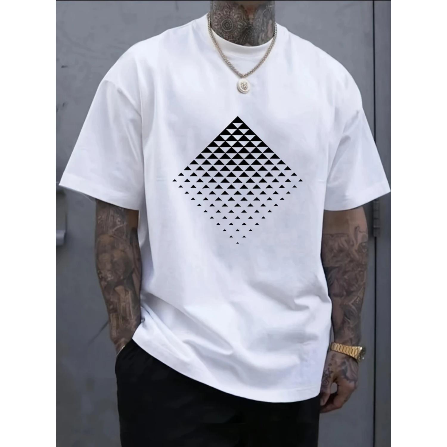

100% Cotton Geometric Print T-Shirt-Stylish Round Neck, Short Sleeve,Casual Comfort for Casual Attire,Graphic Tee for Men S чёрный
