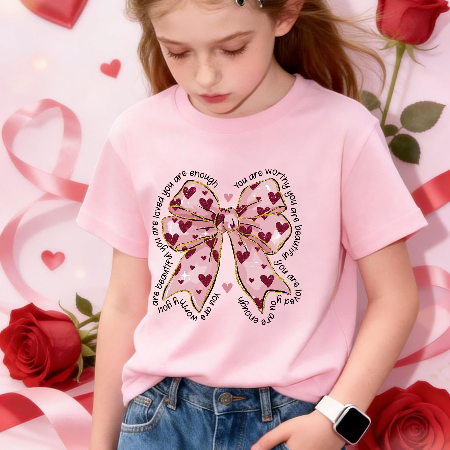 

Girls Casual Bow-patterned T-shirt for Summer, Fashionable Short-sleeved Children s T-shirt 3-4Y розовый