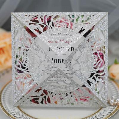 KX4B 20pcs/set Wedding Invitations Cards Glitter Rose Flower Greeting Card Invite Envelopes Bridal Shower Supplies