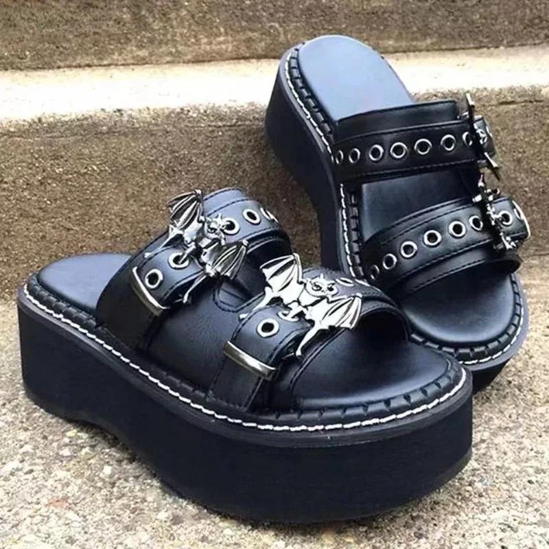 Fashion Gothic punk women's sandals optical wide heel astronomical bat slippers belt decoration 2024 new summer