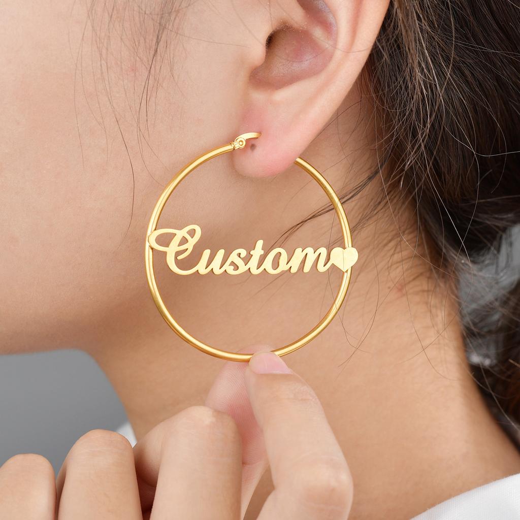 Atoztide High Quality Personalized Stainless Steel Letter For Women Custom Name Diameter 50mm Cricle Earrings Party Jewelry