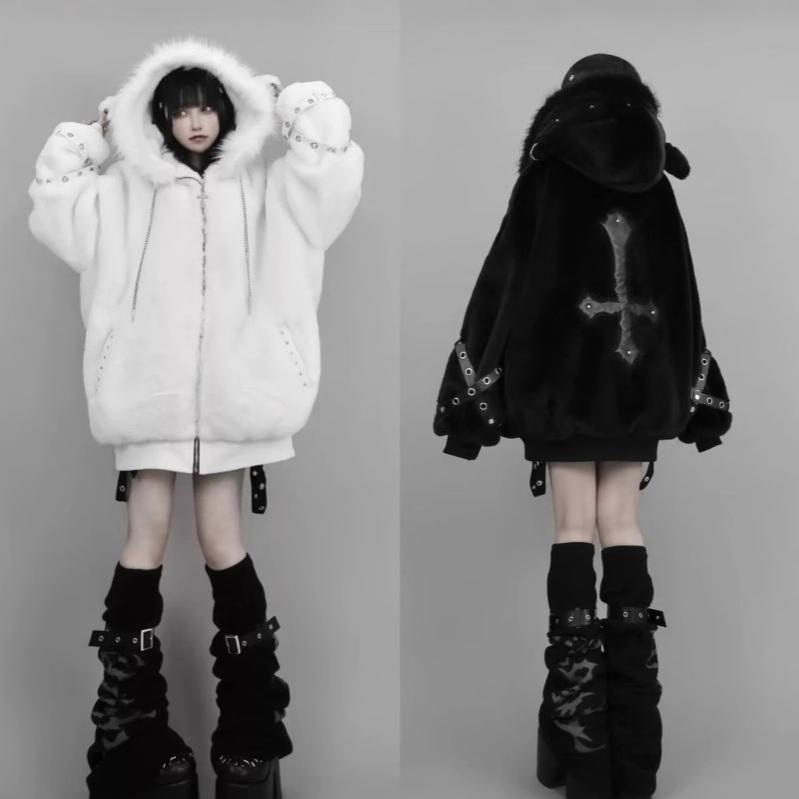 Vintage Bont Patchwork Losse Casual Hooded Jassen Streetwear Effen Winter Y2k Esthetische Jassen Dames Harajuku Tops