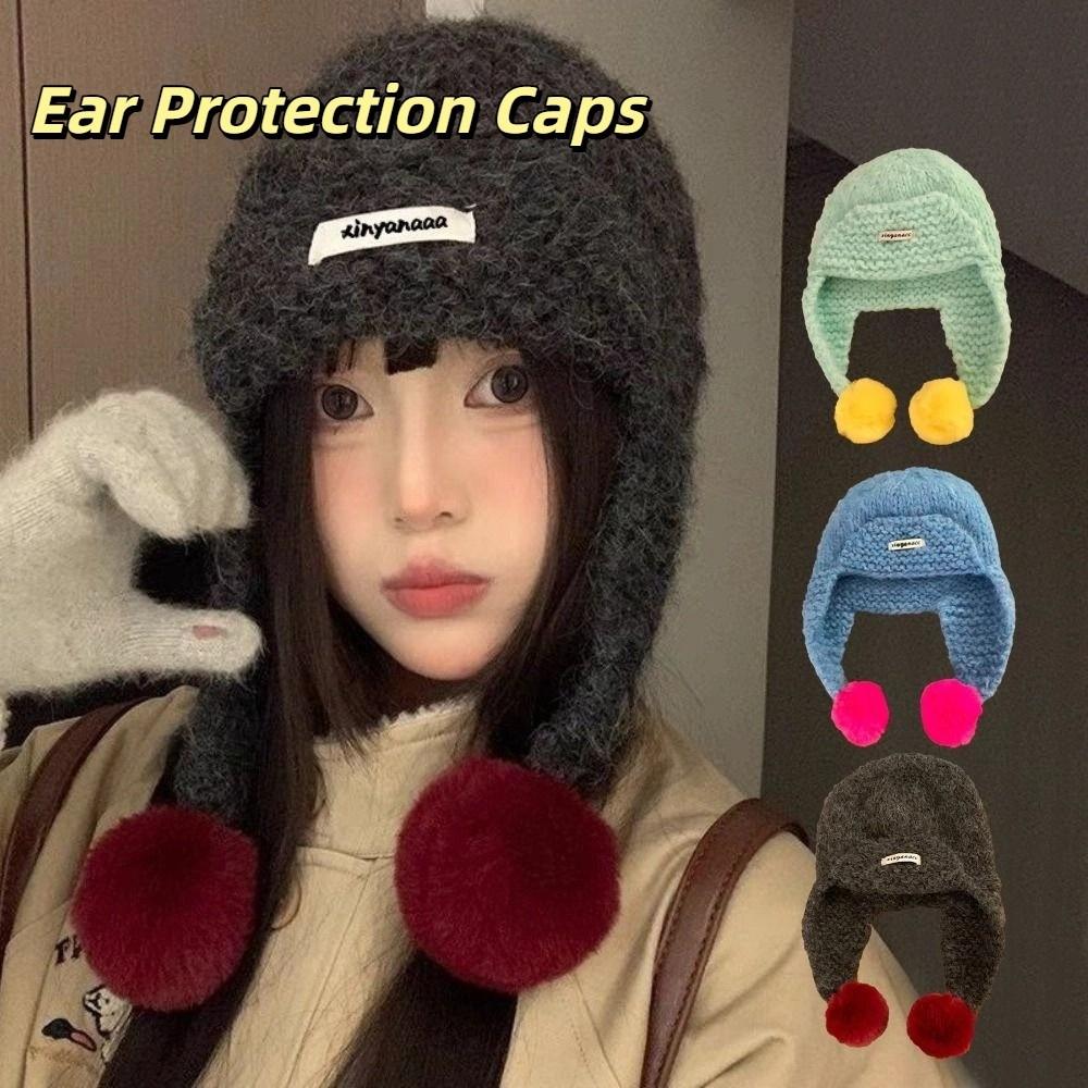 Autumu Winter Women Knitted Cap Sweet Ear Protection Caps Trendy Warm Beanie Hats  Outdoor