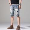 Retro Denim Shorts Ripped Patched Five-point Pants Slim Mid-trousers Summer Thin Breeches 5-point