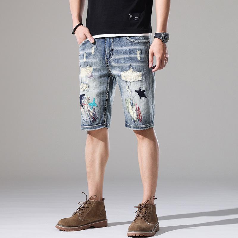 

Ретро джинсовые шорты рваные с заплатками пятиточечные брюки облегающие миди-брюки летние тонкие бриджи 5-точечные 32