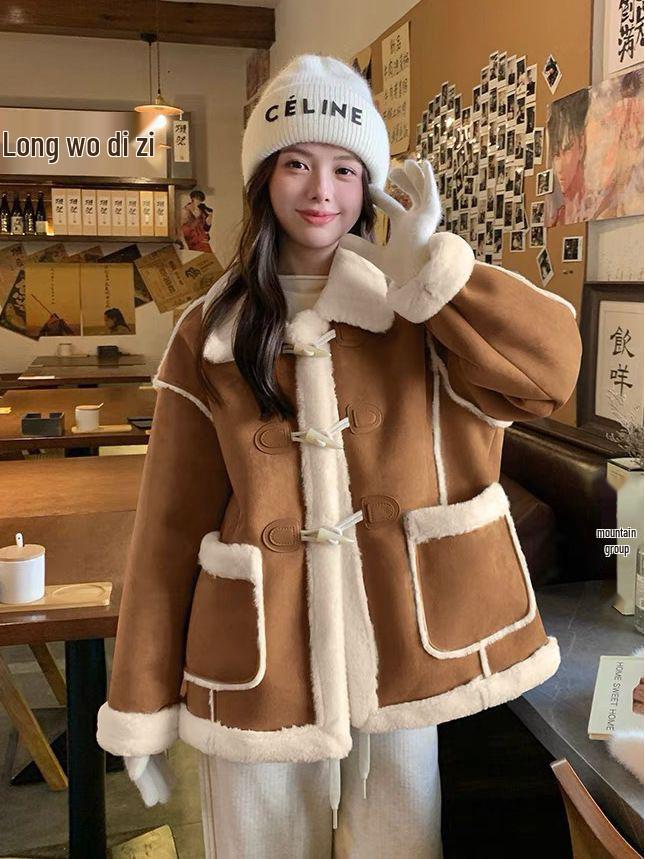 Women's 2024 Winter Warm Sheepskin Suede Fleece Coat with Buckle Details