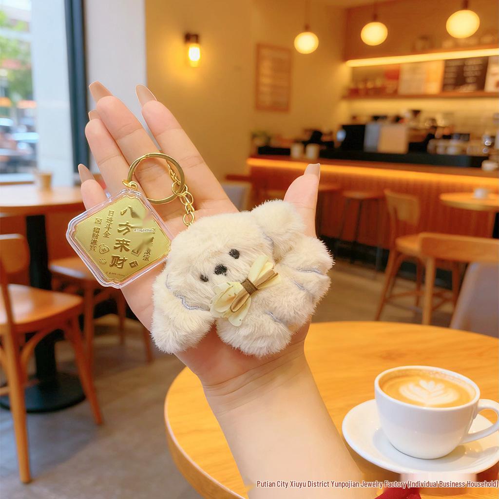 999 Pure Gold Keychain with Plush Bowtie Dog Pendant Bag Charm