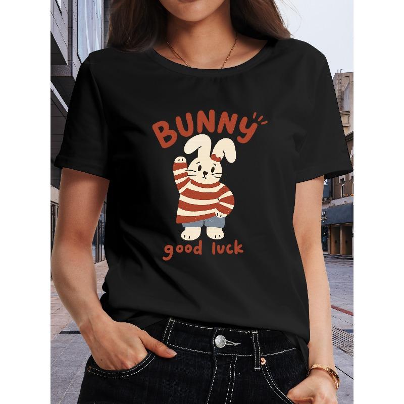 

Women S Rabbit Wishes You Good Luck Printed Short-Sleeved T-Shirt | Soft and Breathable, Moderate Elasticity, Machine Washable, Casual Style, S чёрный