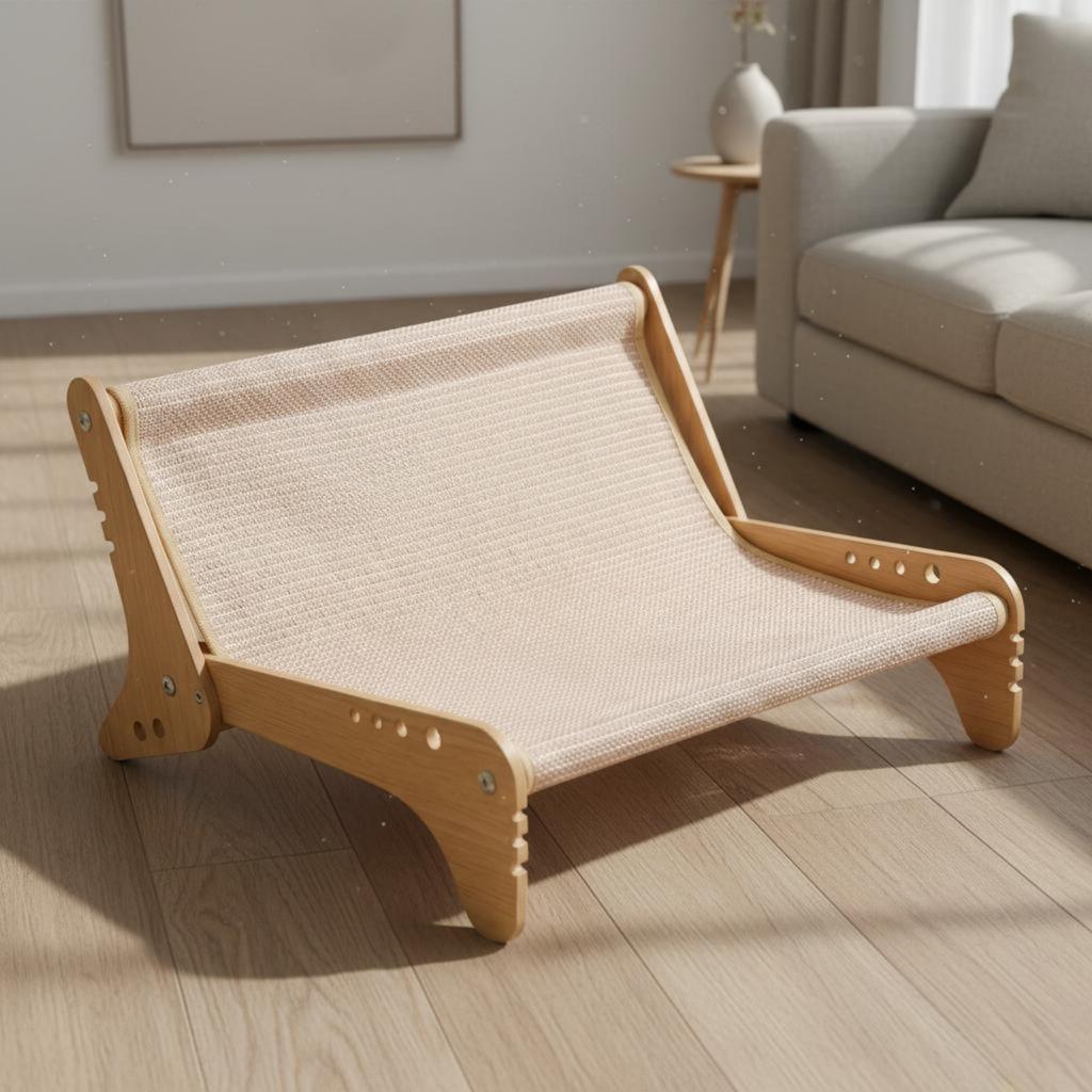 Wooden Feline Lounge Chair Wood-Framed Wooden Feline Couch Raised Pet Recliner Unobstructed Design Jute Pet Lounge Bed