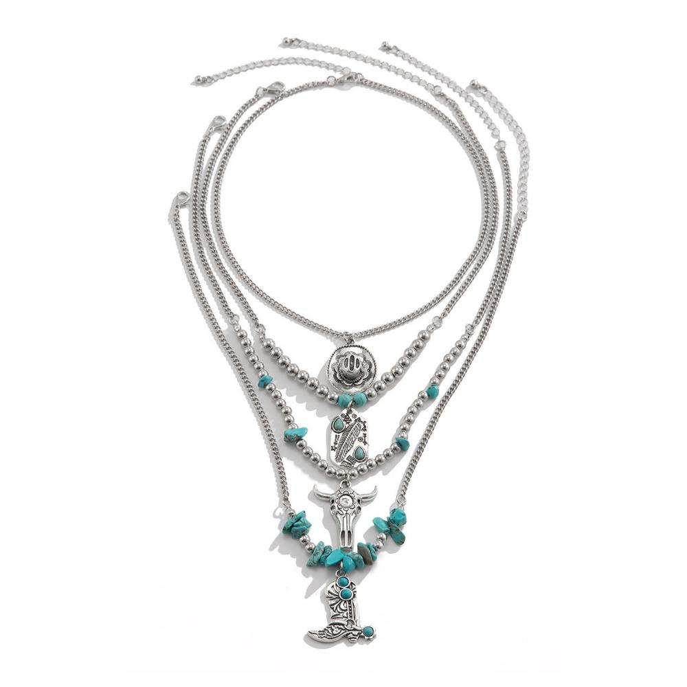 Aesthetic Turquoise Chain Choker Cactus Vintage Pendant Necklace Western Country Necklace  Girls