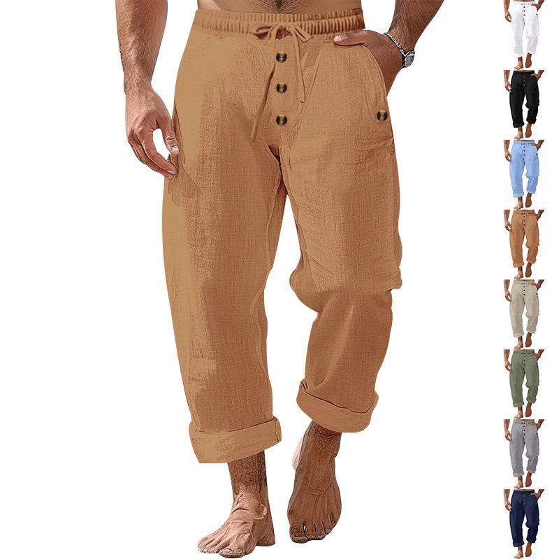 Men Solid Color Linen Loose Drawstring Button Casual Long Pants