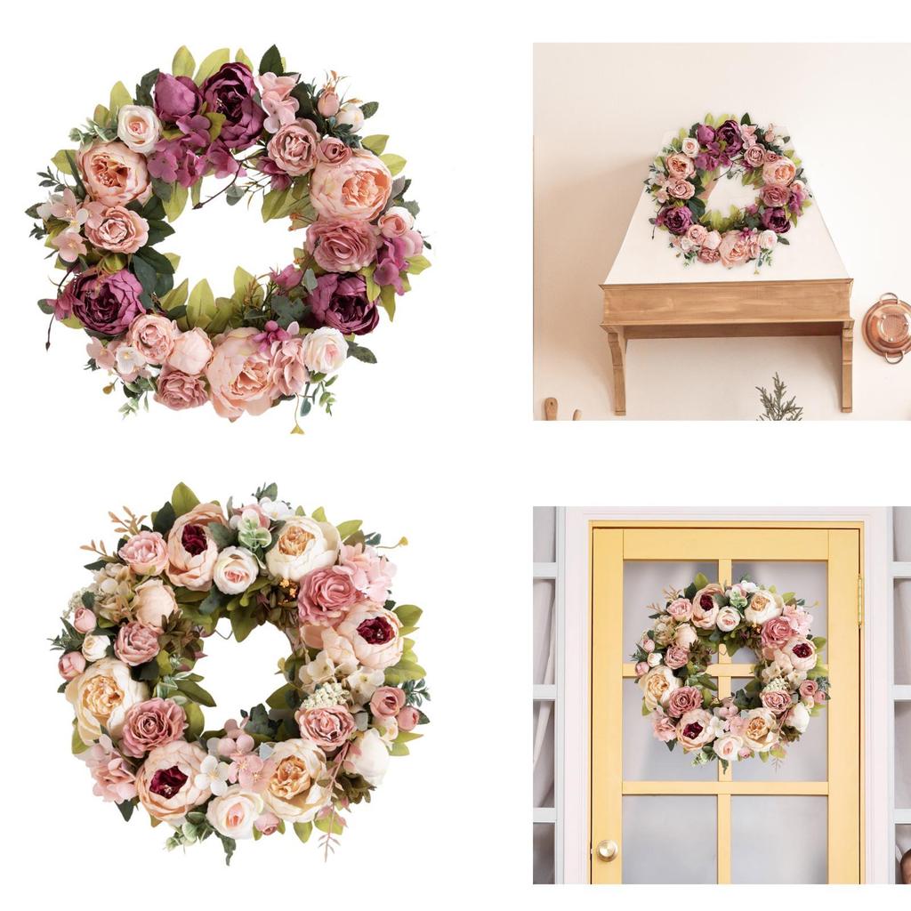Spring Wreath Front Door Hanging Ornament Artificial Peony Flowers Garland 15.75inch for Garden Party Balcony Festival New Year