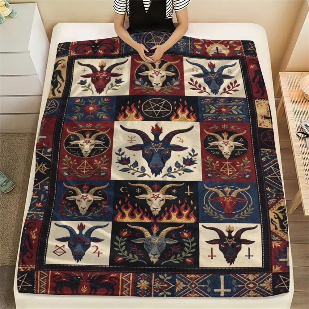 1Pc Goat Demon Print Flannel Blanket, High Quality Comfortable for All Seasons, Home Decor, Warmth and Comfort, Perfect for Christmas Gifts W141