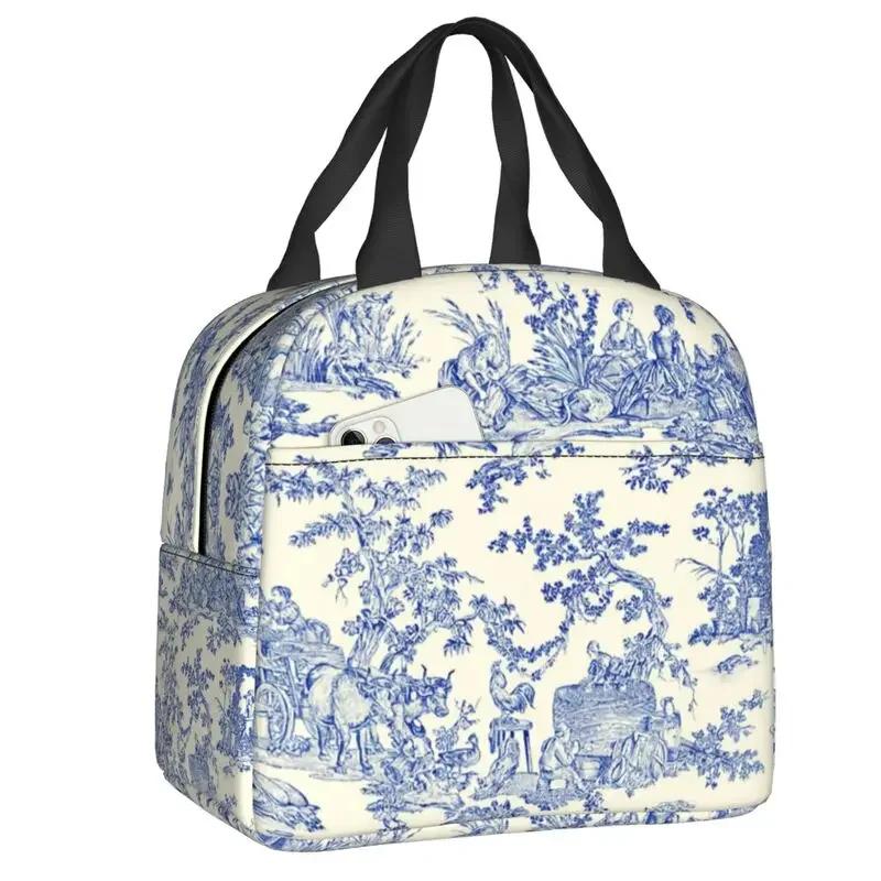 Geantă de prânz izolată cu motiv Toile De Jouy albastru marin pentru școală, birou, cutie termică, pentru femei, recipient pentru alimente, genți tote
