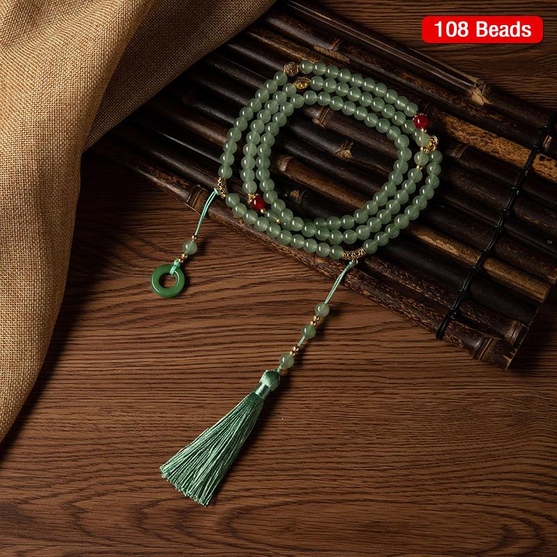 Halskette mit langen grünen Perlen im chinesischen Stil, buddhistische Buddha-Meditation, grüne Kristallhalskette, lange Quasten-Choker, Schmuckgeschenke
