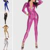 Women Mesh Hole Zipper Faux Patent Leather Tight Jumpsuit Nightclub Bodysuit