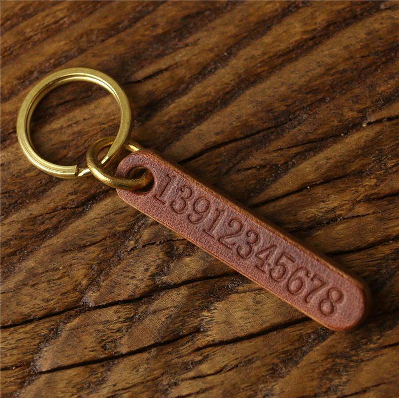 Engraved Retro Cowhide Car Keychain with Custom Phone Number Tag