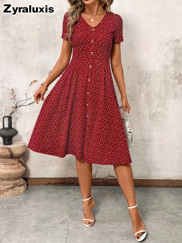 Summer New Fashion Polka Dot Women's Dress Sexy V-Neck Pleated Short Sleeve Floral Dress