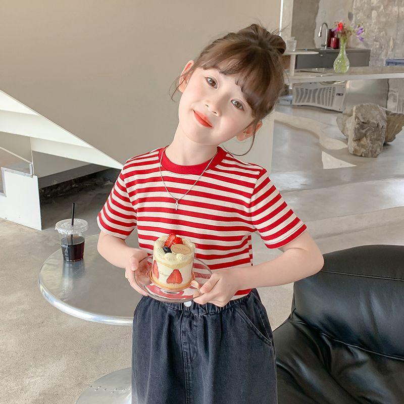 Girls' Short Sleeved T-shirt Striped Summer Children's Korean Summer Outfit Half Sleeved Girls' Thin Top T-shirt