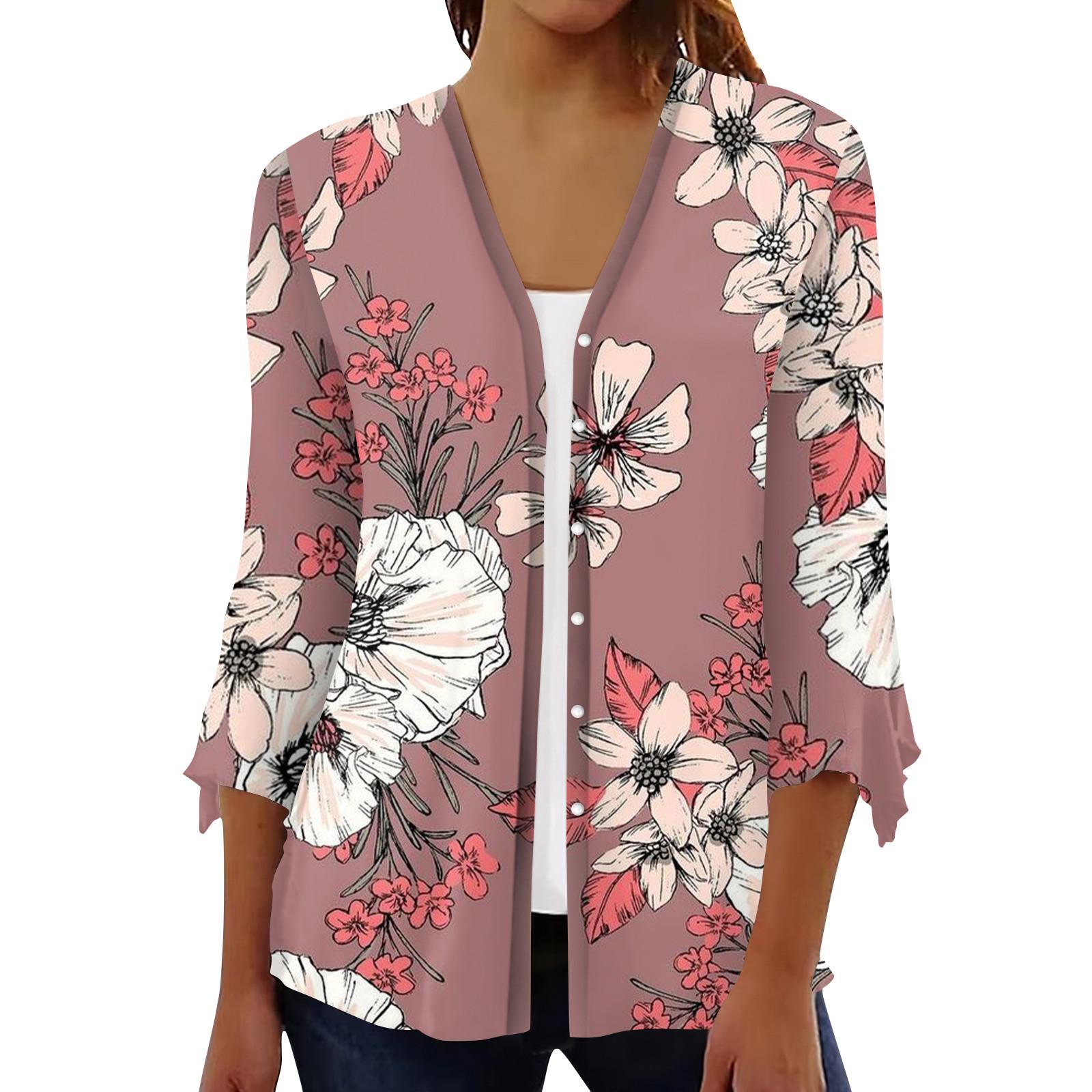 

Кардиган с открытым передом и рукавами 3/4 для женщин, кардиган на пуговицах в стиле ретро с цветочным принтом для платья, женские топы с v-образным вырезом, накидка XL розовый