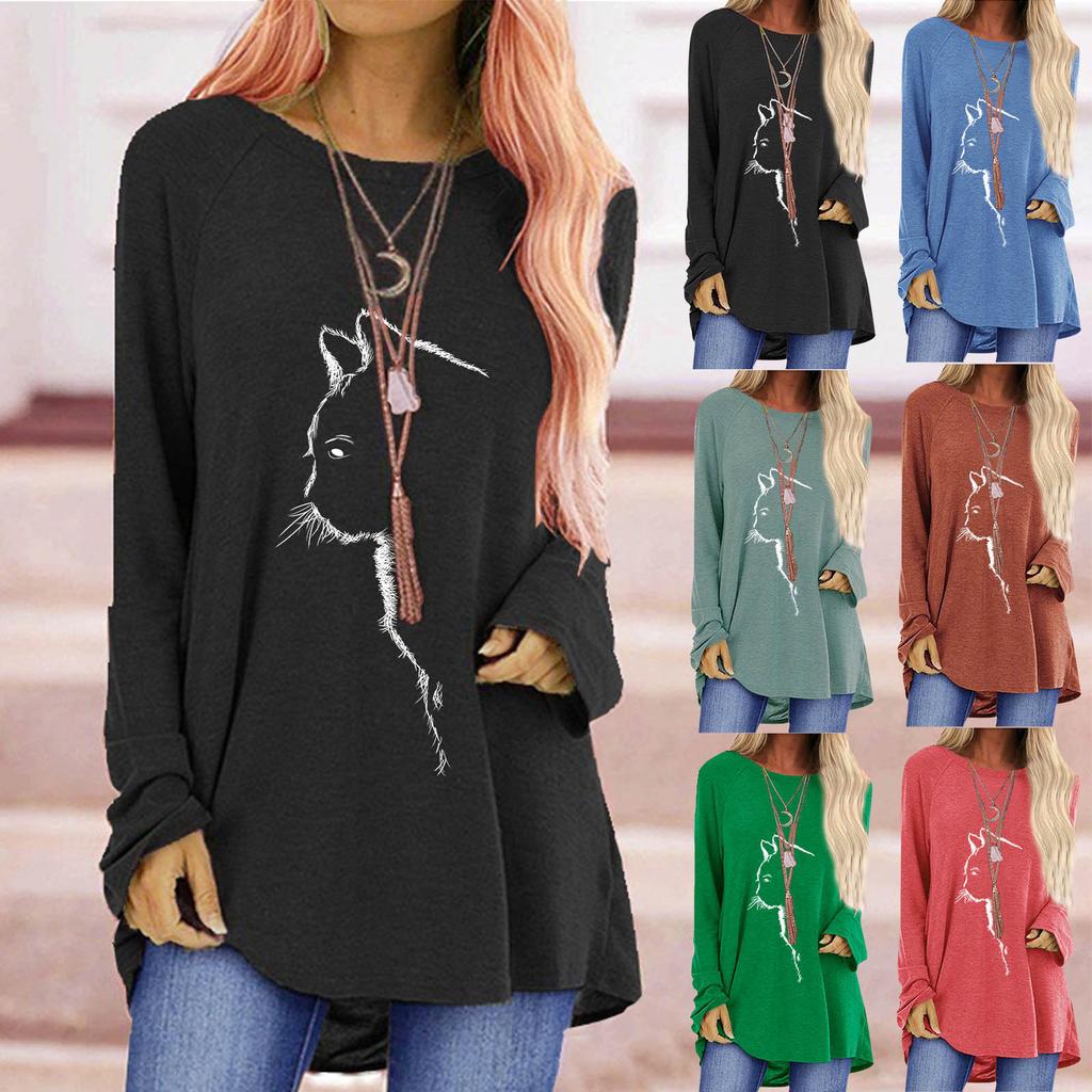 Dámské módní tričko s 3D potiskem kočky, velikost Plus Size, černé, s kulatým výstřihem a dlouhým rukávem