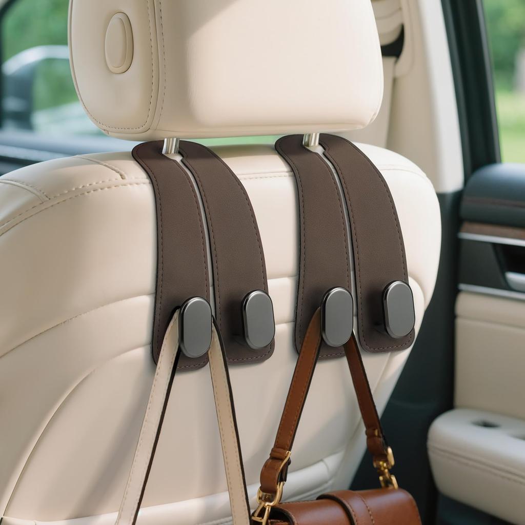 Hangerspace Headrest Hooks, Set of 2, Leather & Metal for Cars, Double Hooks, Bag