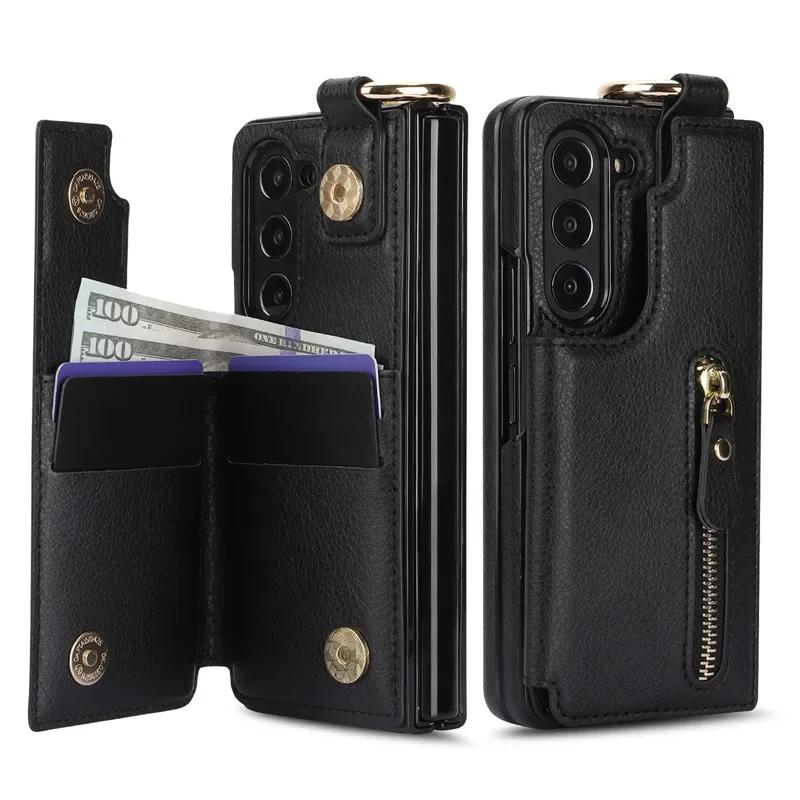 PU Leather Ring Zipper Wallet with Card Holder Phone Case for Samsung Galaxy Z Fold 6 5 4 3 Fold6 Fold5 Fold4 5G Kickstand Cover