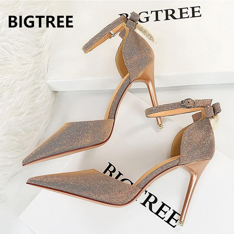 

BIGTREE Shoes Женские сандалии с пайетками, сандалии на высоком каблуке с бантом, женские туфли-лодочки, новые летние сандалии, женские босоножки на каблуке с острым носком