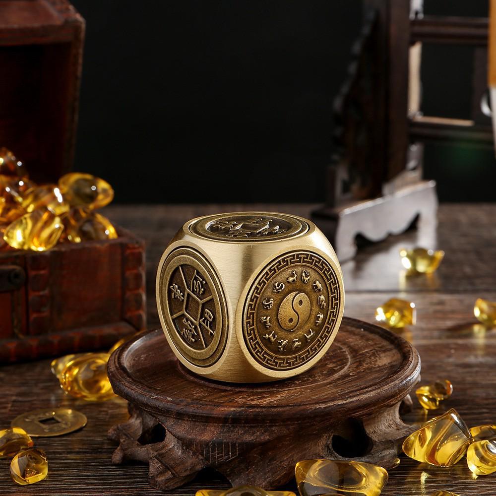 Brass Rotating Handle with Six-Sided Ball and Five Emperors Coins Desktop Ornament