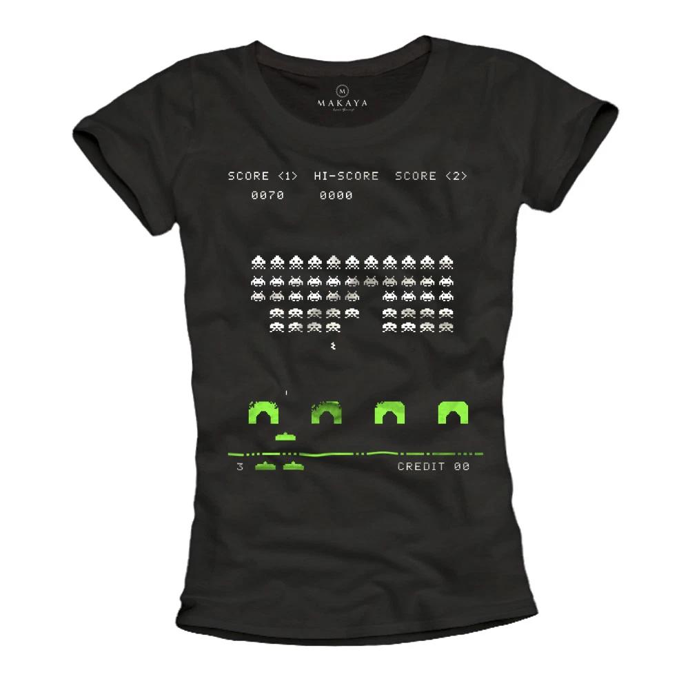 Ladies Shirt Gamer Top Space Invaders Nerd Tops Women Girls Girls Black SML- 2XL