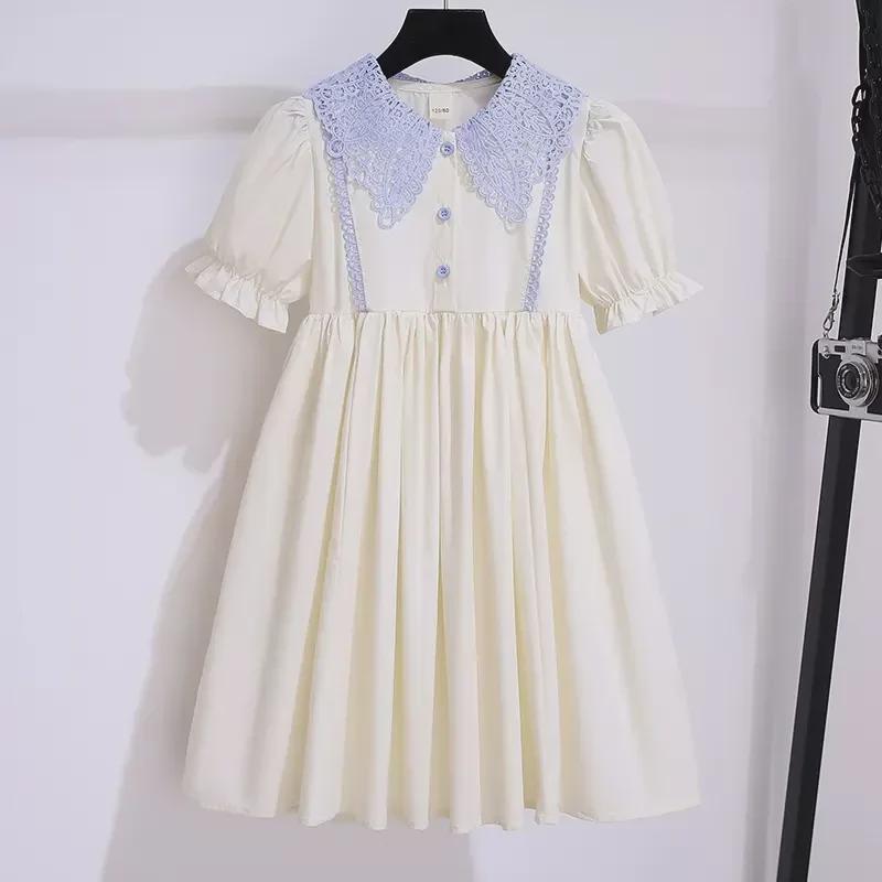 Girls' Summer Korean-Style Short-Sleeve Doll Collar Dress - Princess College Style Skirt for Middle and Large Children