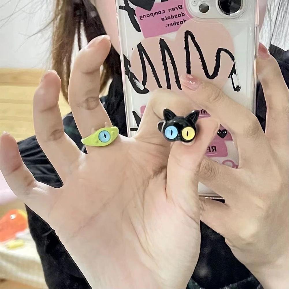 Funny Black Cat Green Monster Ring Fashionable Personalized Opening Adjustable Ring Jewelry Accessory