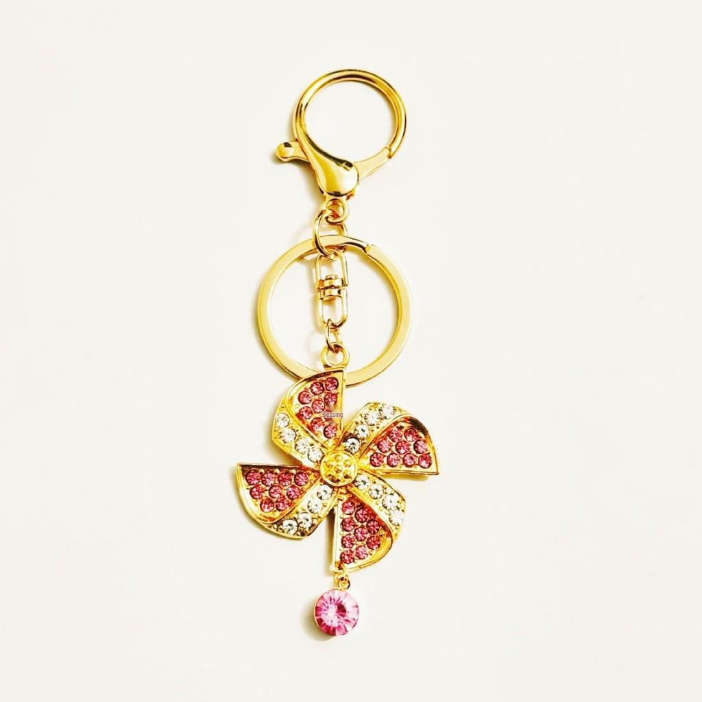 Rhinestone Windmill Key Ring with Plush Pom-Pom Pendant