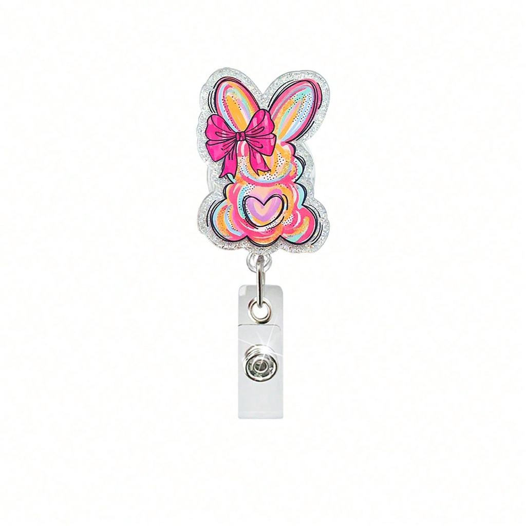 1pc Bunny Egg Bow Retractable Badge Reel, Swivel ID Card Holder Clip For Doctor, Nurse, Office Worker, Party