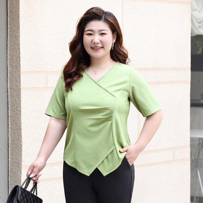 

Плюс Размер Женская Летняя Новая Нерегулярная Мода Утягивающая Футболка С Короткими Рукавами И V-образным Вырезом 6XL зелёный