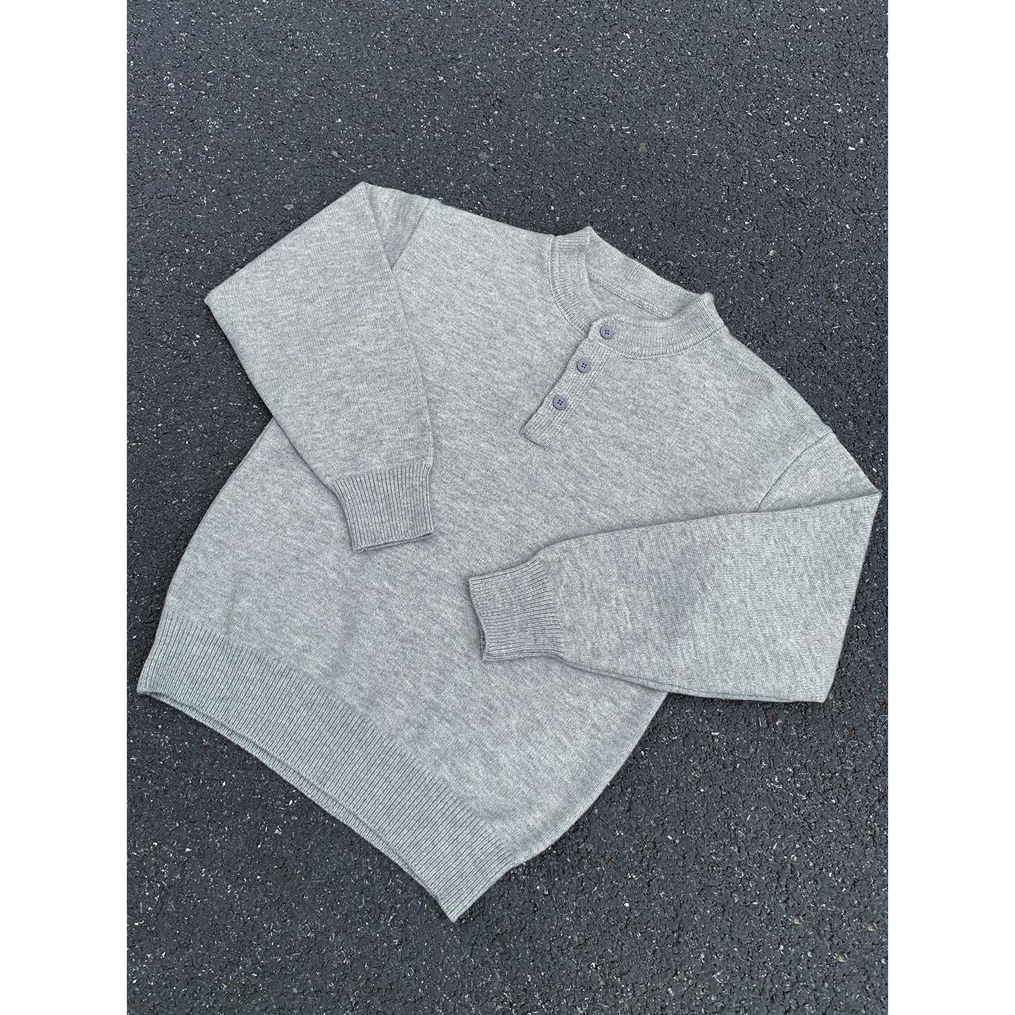 Мужской серый вязаный свитер с воротником-хенли - Ретро-стиль, Классический крой, Длинный рукав XL