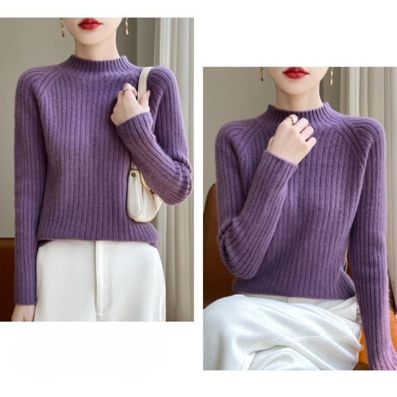 Autumn Winter Women Knitwear Slim Fit Semi High Neck Pure Color Loose Short Knitted Sweater Base Layer