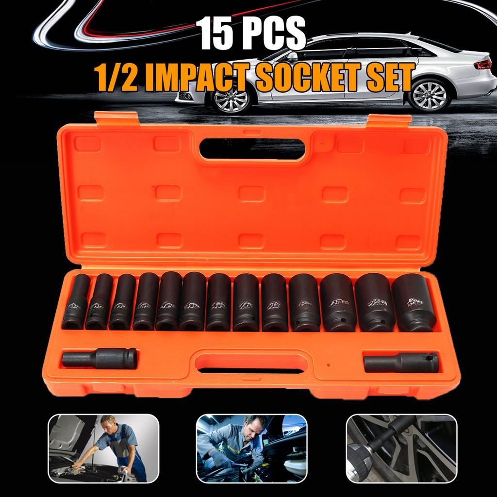 10-32mm 1/2" Inch Drive Deep Impact Metric Socket Set Air Garage Sockets 15pc Black